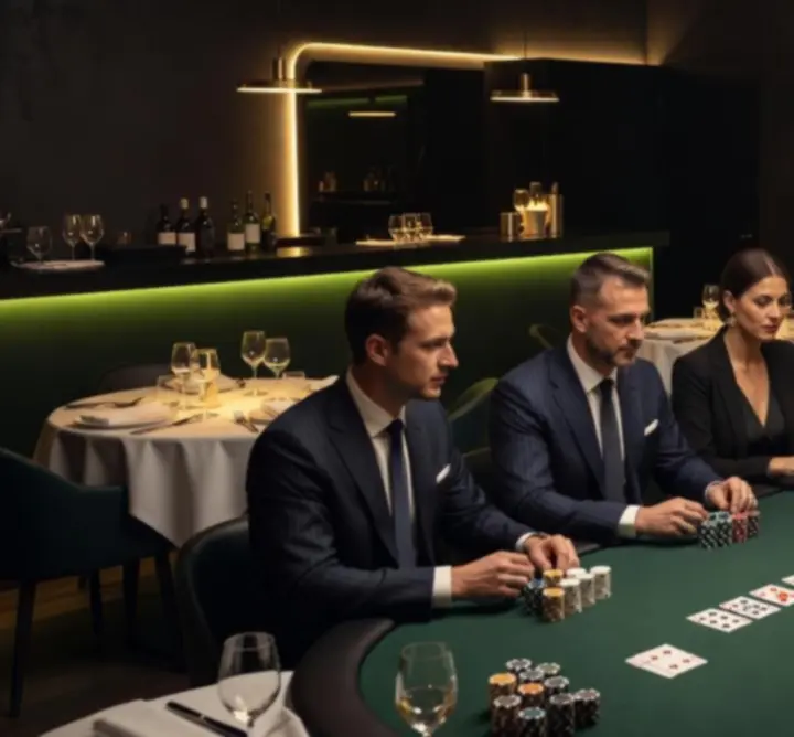 Hangulatos étterem-lounge pókerasztalokkal és vacsorázó vendégekkel