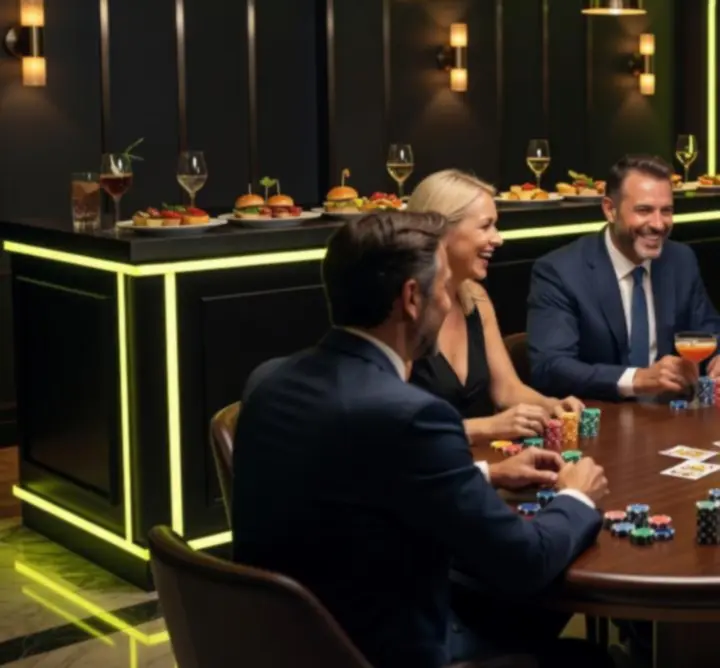 Vendégek élő, offline pókerasztal körül egy modern lounge térben