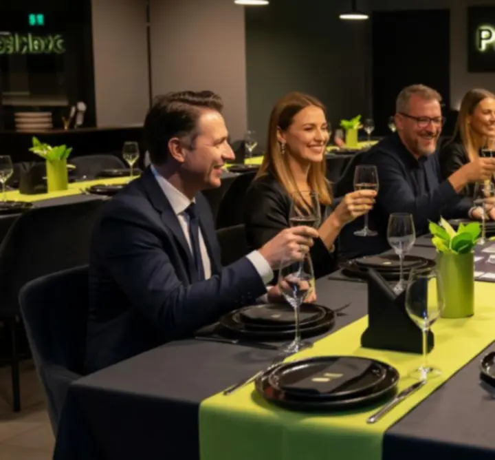 Elegáns privát esemény hangulatos megvilágításban egy modern étterem-lounge-ban