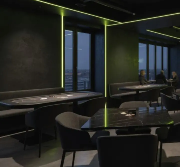 Modern, hangulatos étterem-lounge enteriőr Budapesten lime zöld fényekkel