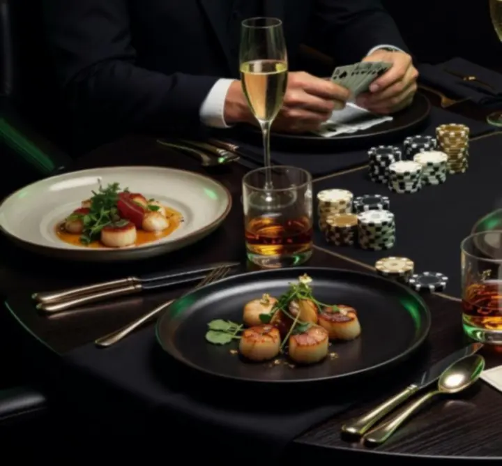 Vacsora és pókerasztal egy stílusos étterem-lounge belső terében