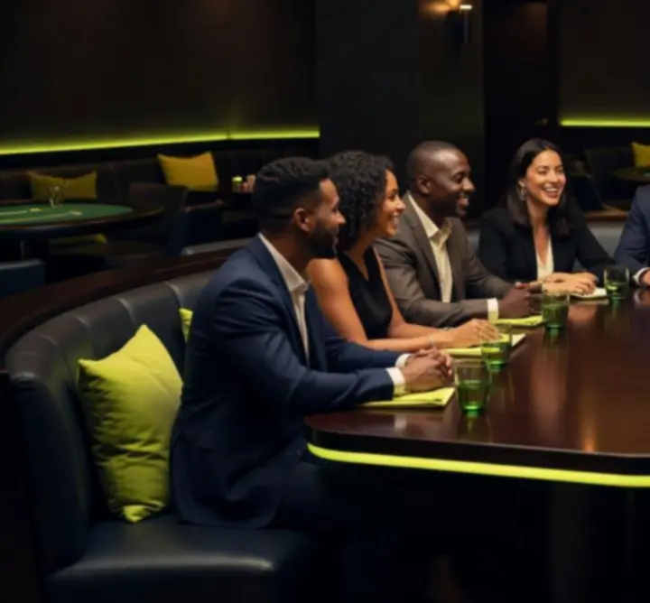 Vendégek barátságos beszélgetésben egy étterem-lounge-ban